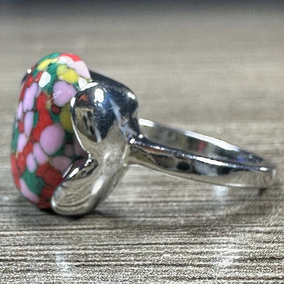 925 Sterling Silver Green Pink Red Mixed Stone Ring Smooth Oval Artistic Sz 8 - Picture 8 of 9